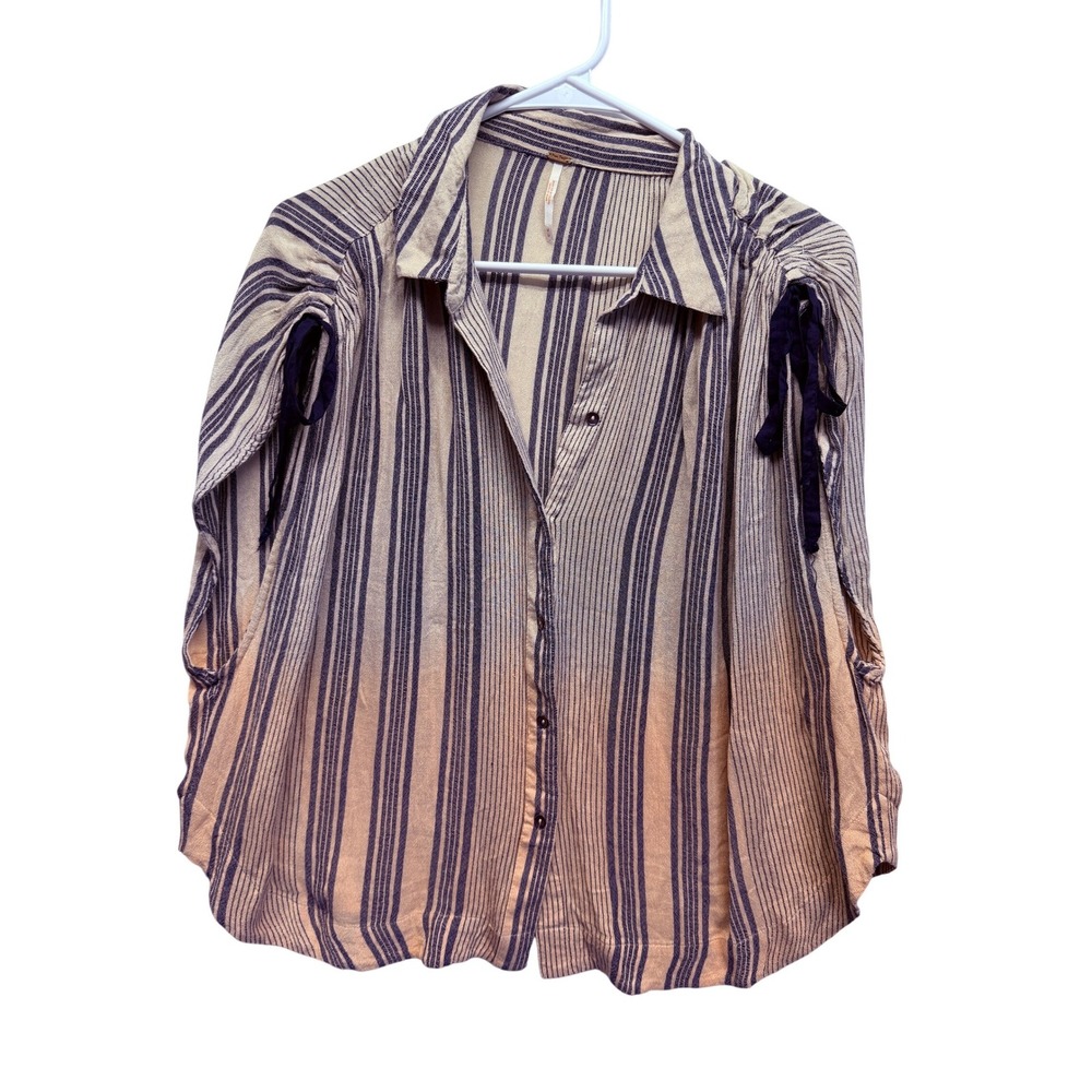 Free People Striped Ombre Button Down Top Boho Tie Sleeve Rayon Blouse M